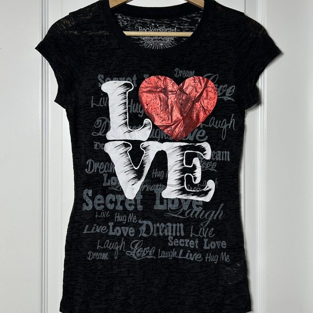 Rocker Girl Black Burnout LOVE Heart Foil Graphic T-Shirt Y2K Mall Goth Style